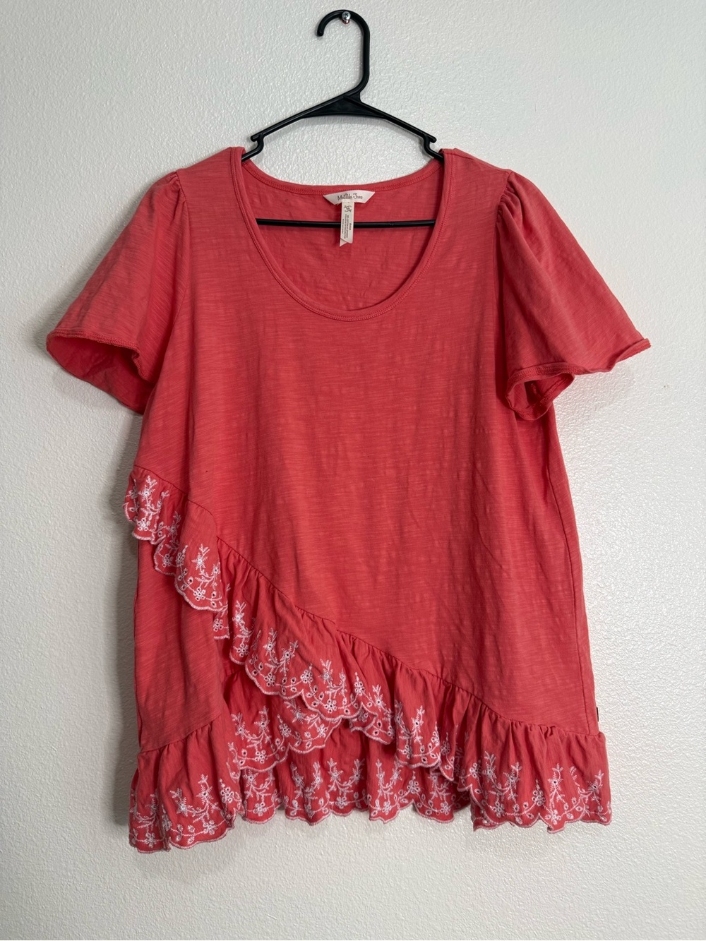 MATILDA JANE Coral Ruffle Embroidered Hem Short Sleeve Top Sz M - Picture 2 of 8